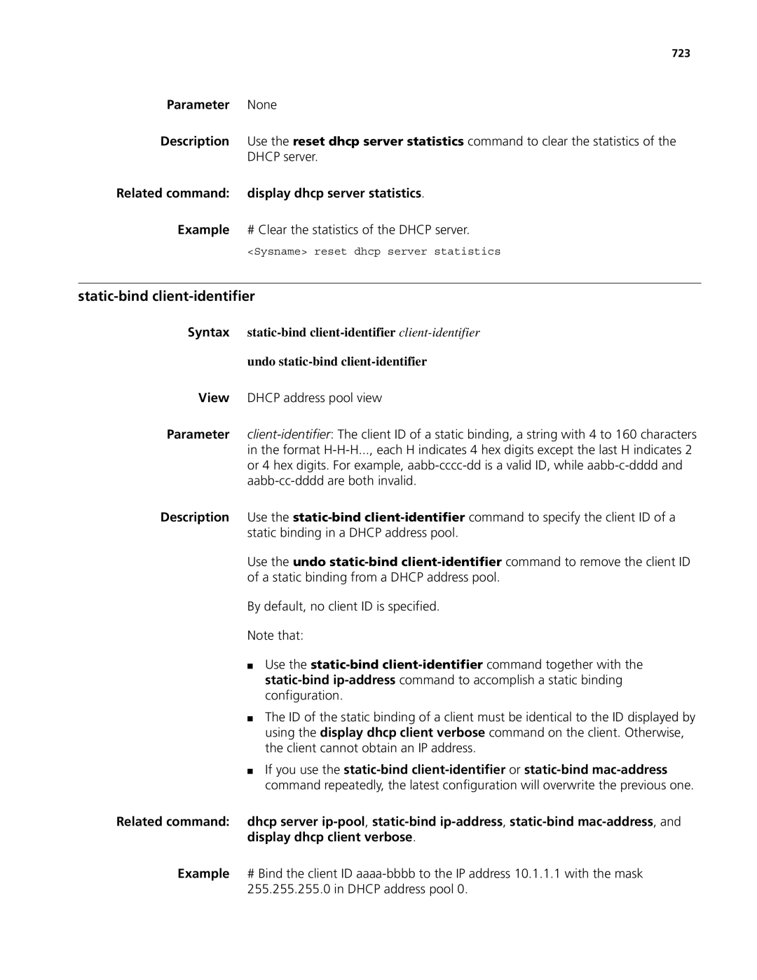 3Com MSR 50, MSR 30 manual Static-bind client-identifier, Related command display dhcp server statistics, 723 