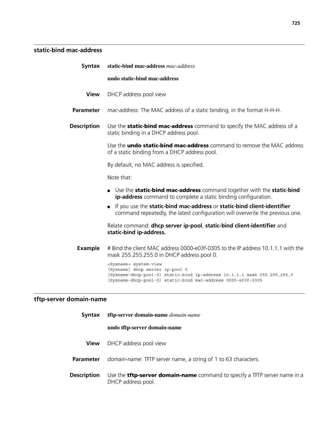 3Com MSR 50, MSR 30 manual Static-bind mac-address, Tftp-server domain-name, 725 