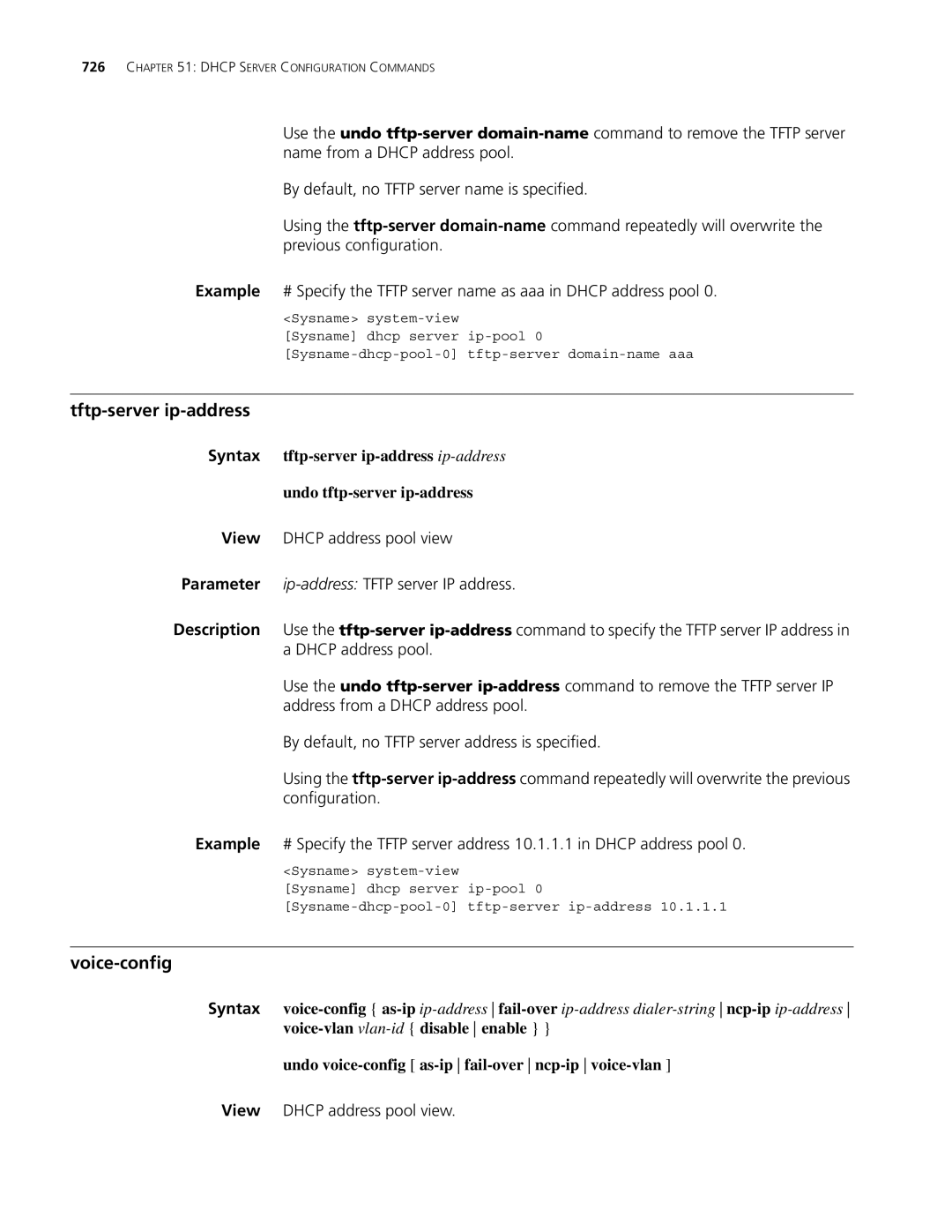 3Com MSR 30, MSR 50 manual Tftp-server ip-address, Voice-config, Undo voice-config as-ip fail-over ncp-ip voice-vlan 