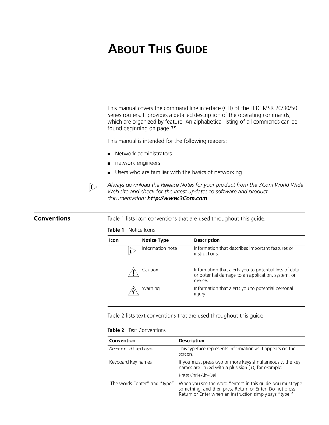 3Com MSR 50, MSR 30 manual About this Guide, Lists icon conventions that are used throughout this guide, Text Conventions 