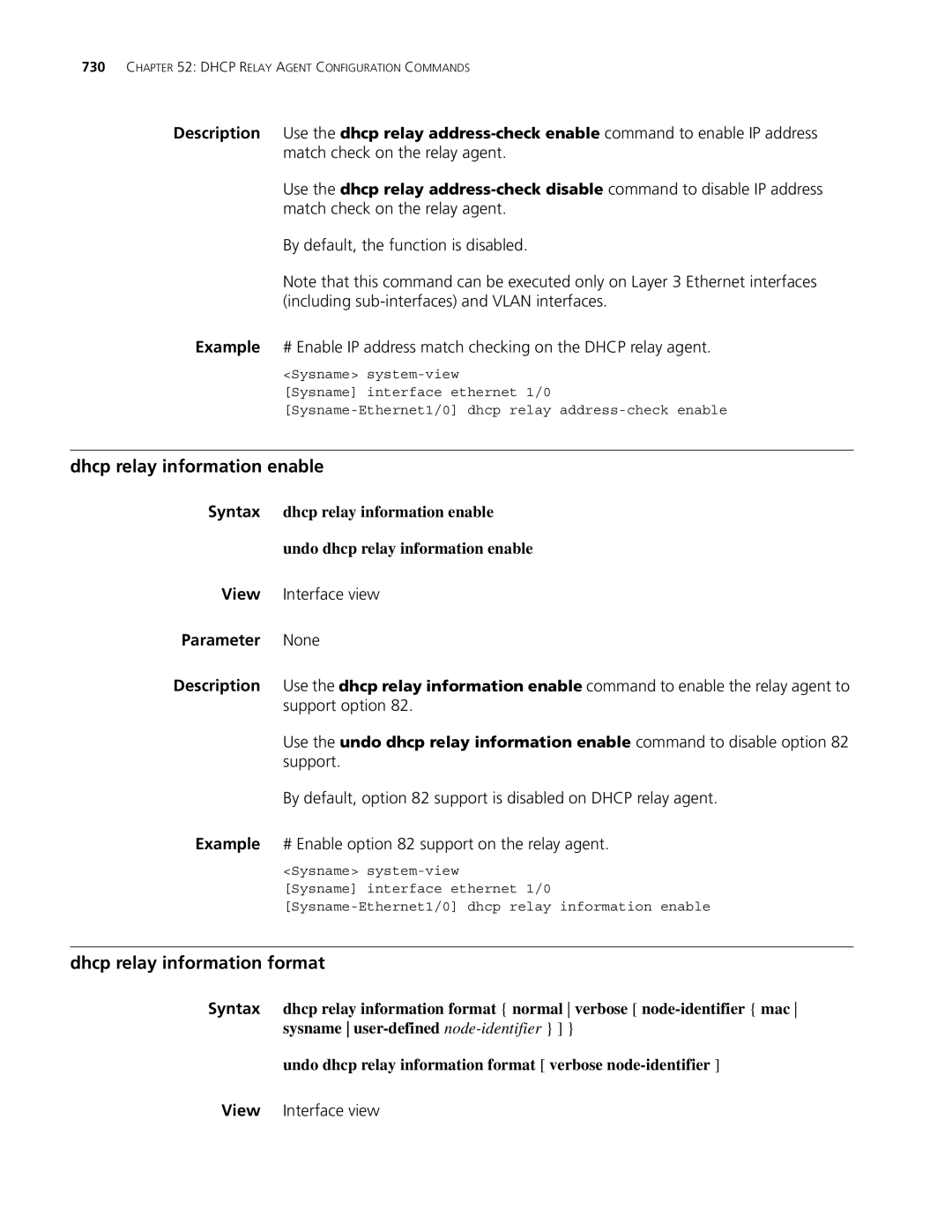 3Com MSR 30, MSR 50 manual Dhcp relay information enable, Dhcp relay information format 