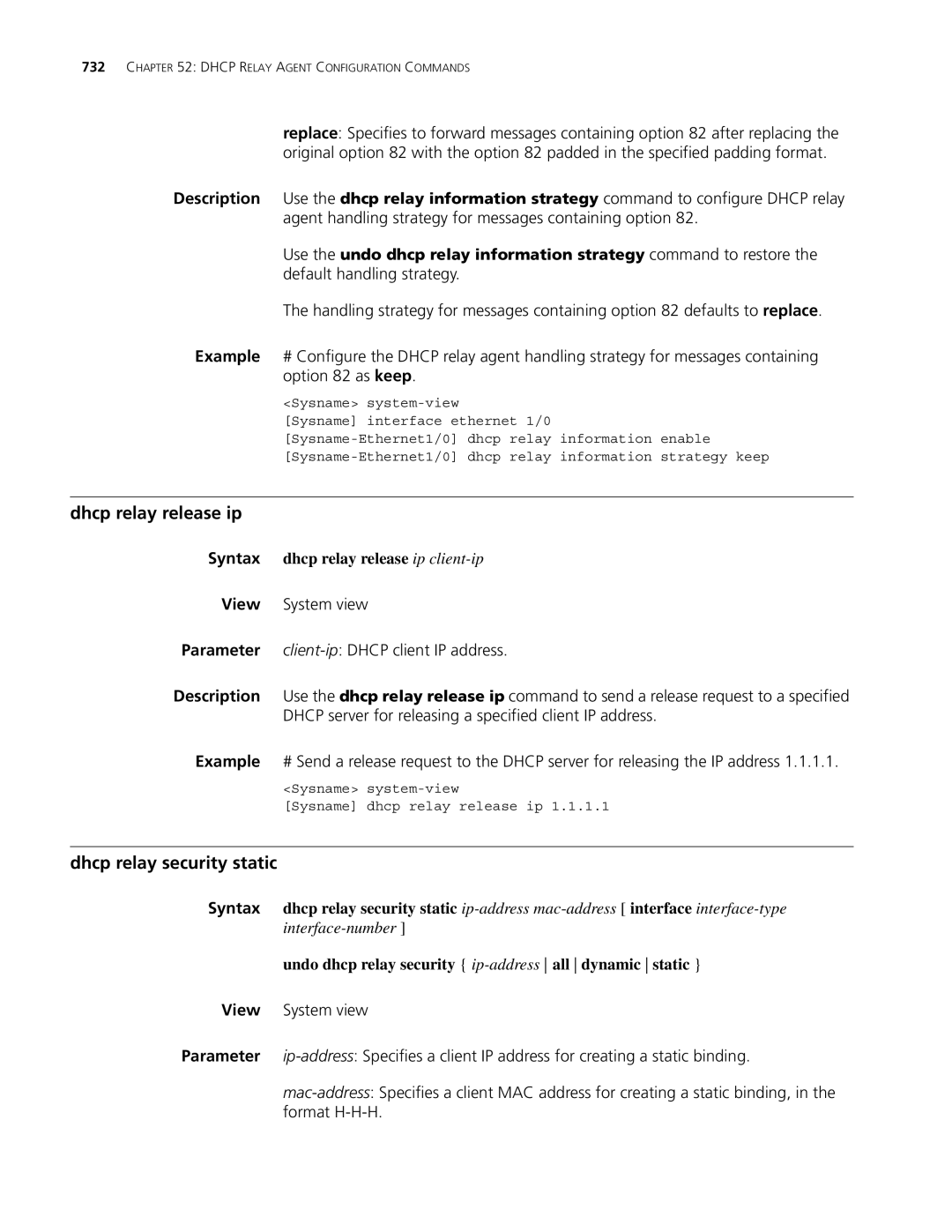 3Com MSR 30, MSR 50 manual Dhcp relay release ip, Dhcp relay security static, Syntax dhcp relay release ip client-ip 
