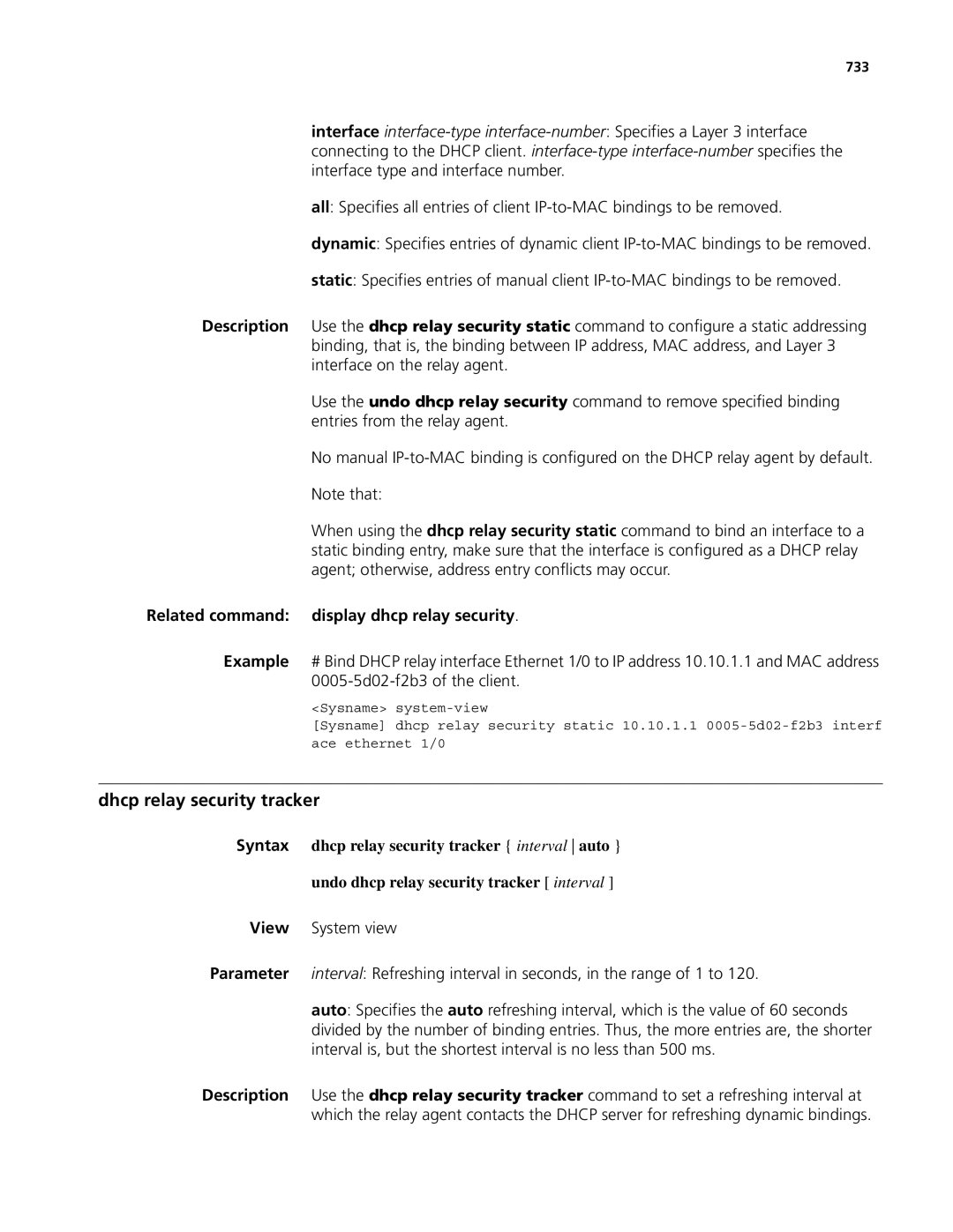 3Com MSR 50, MSR 30 manual Dhcp relay security tracker, Related command display dhcp relay security, 733 