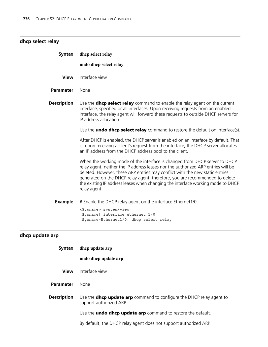 3Com MSR 30, MSR 50 manual Dhcp select relay, Undo dhcp select relay, Dhcp update arp 