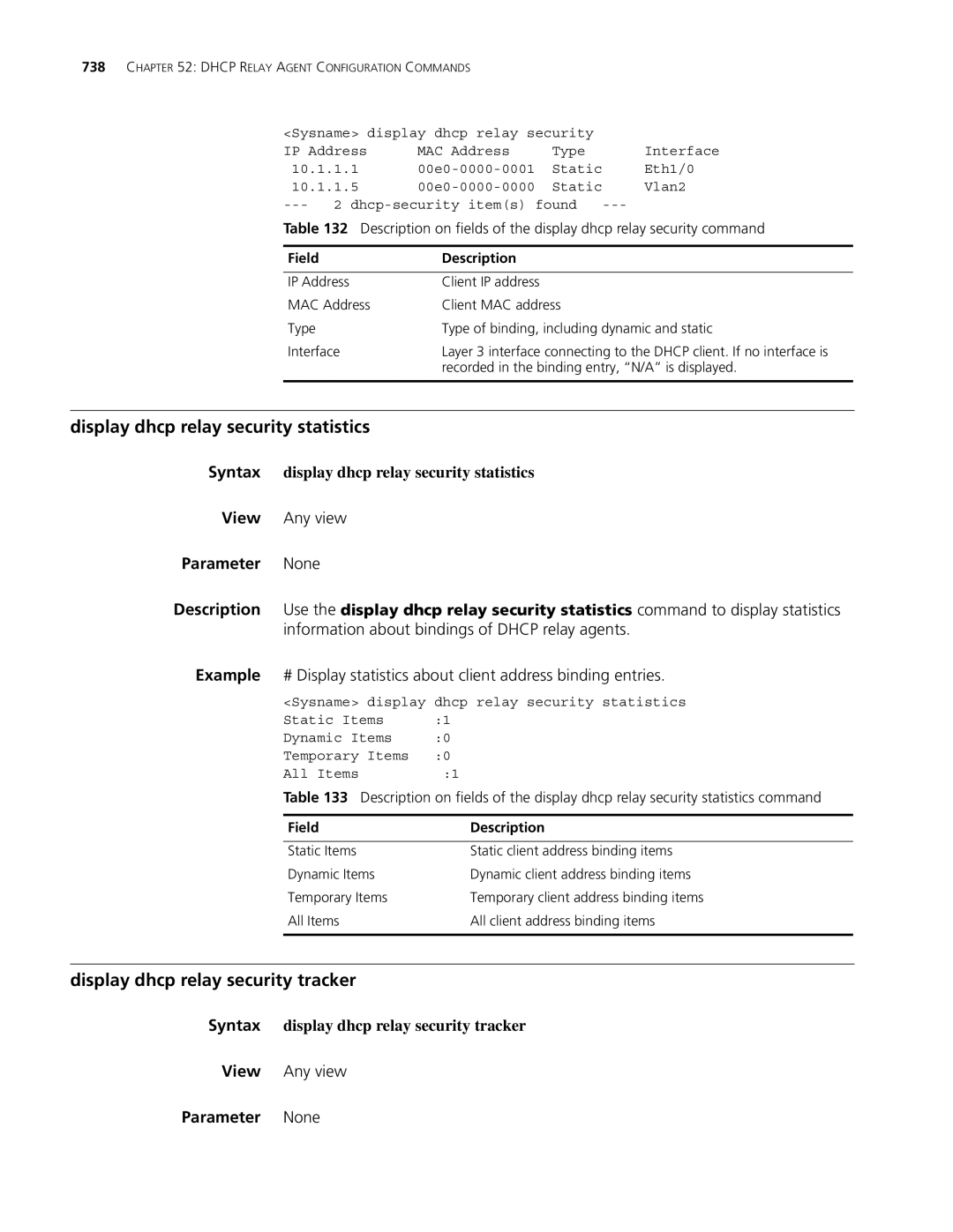 3Com MSR 30, MSR 50 manual Display dhcp relay security statistics, Display dhcp relay security tracker 
