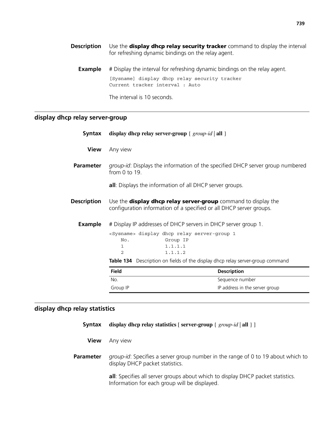 3Com MSR 50, MSR 30 manual Display dhcp relay server-group, Display dhcp relay statistics, Interval is 10 seconds, 739 