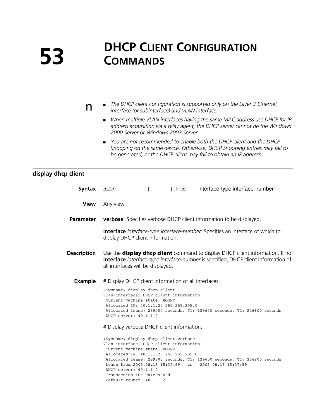 3Com MSR 50, MSR 30 manual Dhcp Client Configuration Commands 