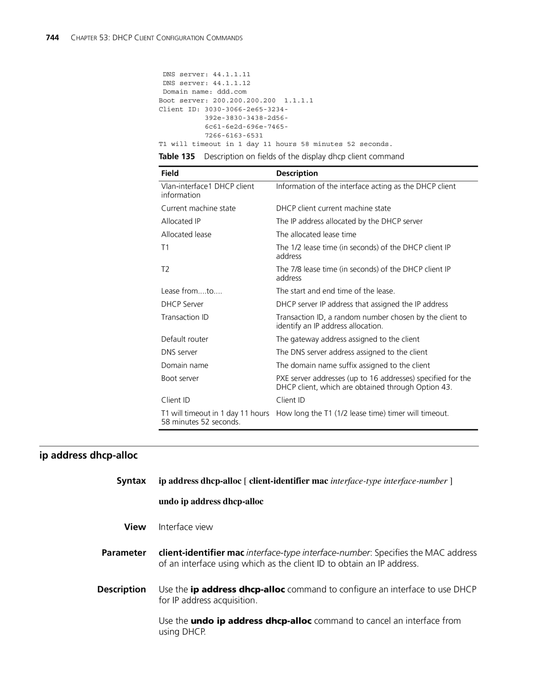 3Com MSR 30, MSR 50 manual Ip address dhcp-alloc, Description on fields of the display dhcp client command 