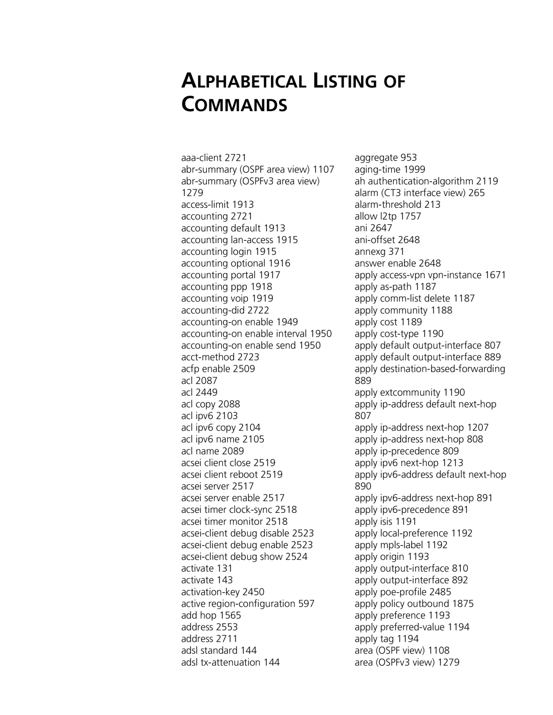 3Com MSR 50, MSR 30 manual Alphabetical Listing of Commands, Area Ospf view 1108 area OSPFv3 view 