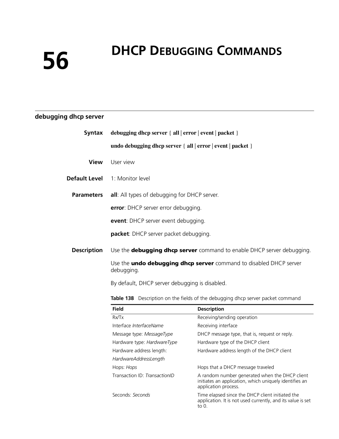 3Com MSR 50, MSR 30 manual Dhcp Debugging Commands, Debugging dhcp server all error event packet 