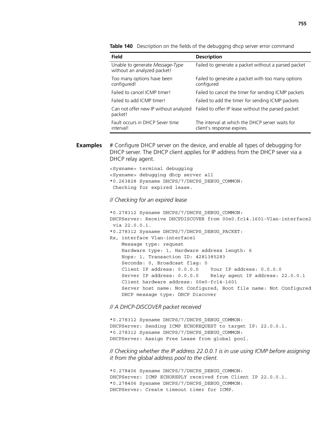 3Com MSR 50, MSR 30 manual Checking for an expired lease, DHCP-DISCOVER packet received, 755 