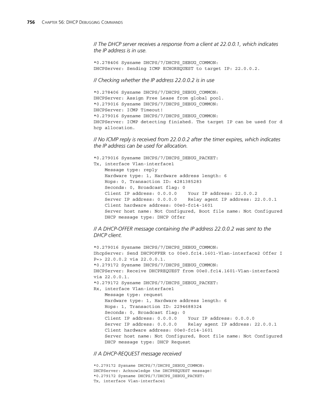 3Com MSR 30, MSR 50 manual Checking whether the IP address 22.0.0.2 is in use, DHCP-REQUEST message received 