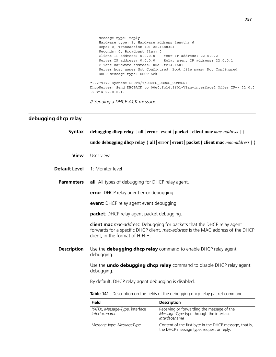 3Com MSR 50, MSR 30 manual Debugging dhcp relay, Sending a DHCP-ACK message 