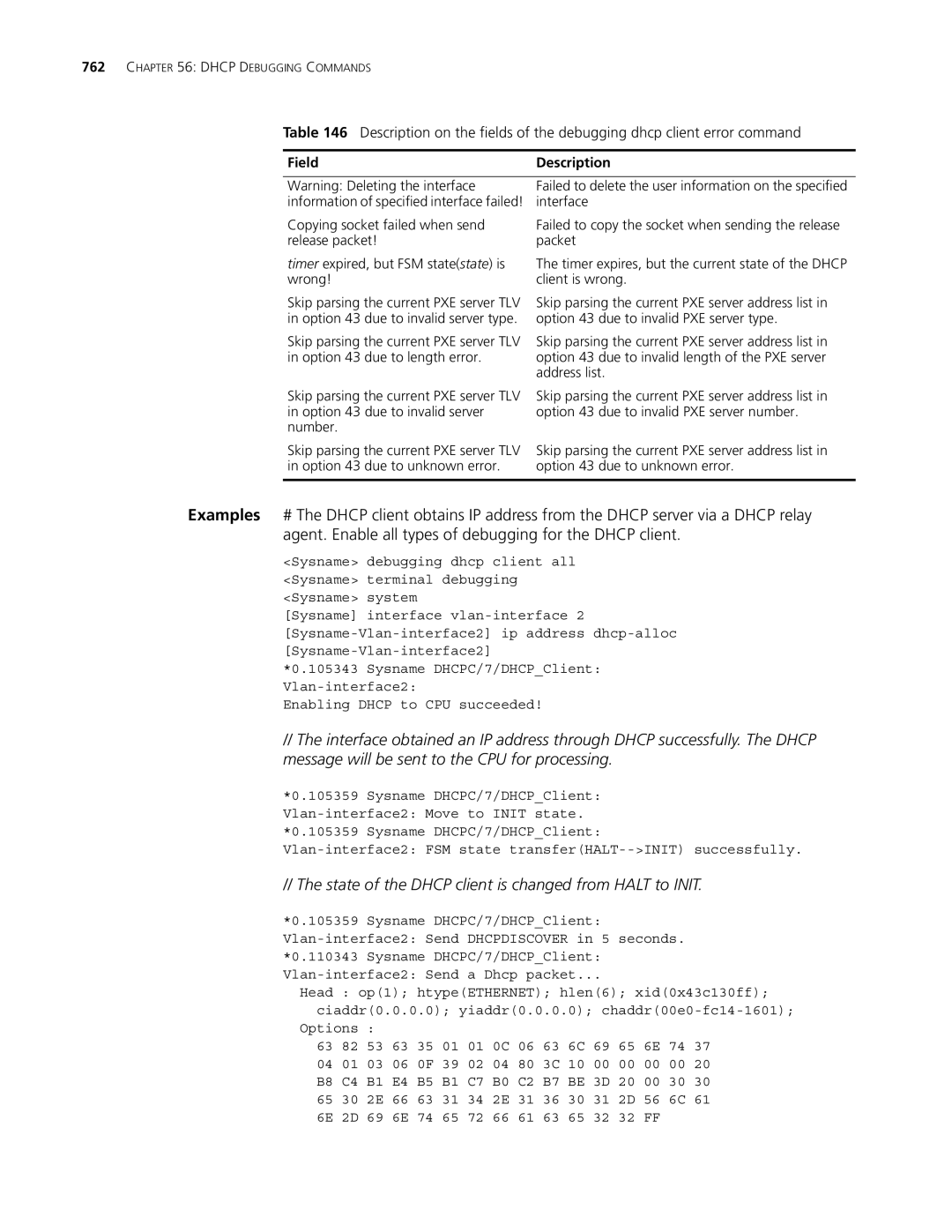 3Com MSR 30, MSR 50 manual State of the Dhcp client is changed from Halt to Init, Field Description 