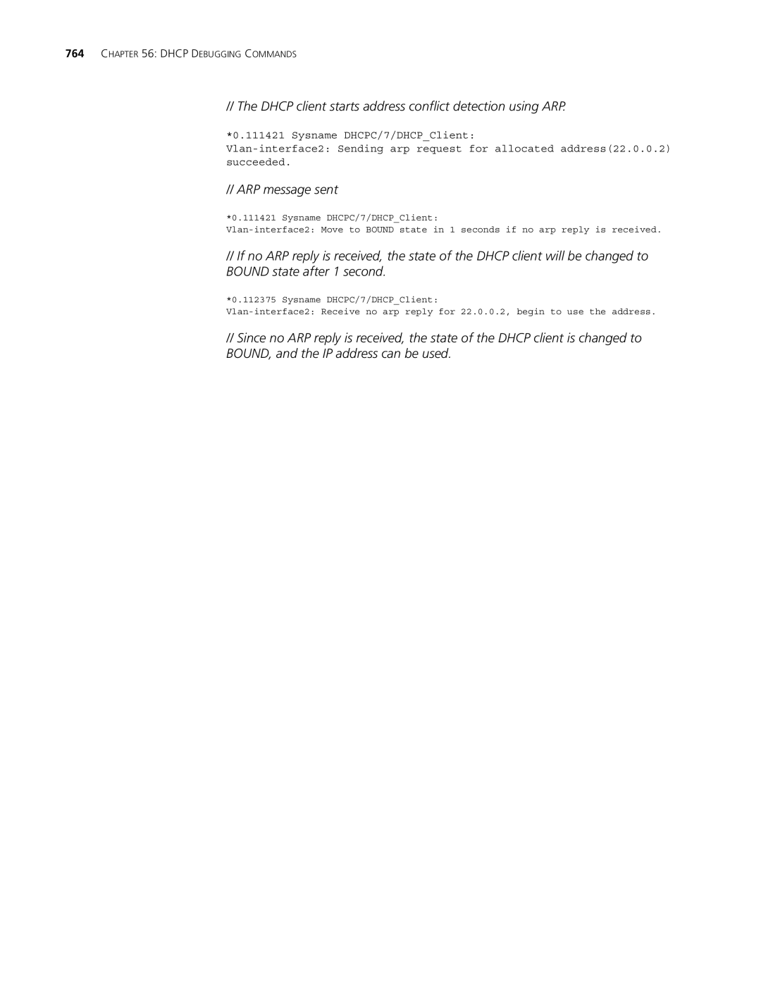 3Com MSR 30, MSR 50 manual Dhcp client starts address conflict detection using ARP, ARP message sent 