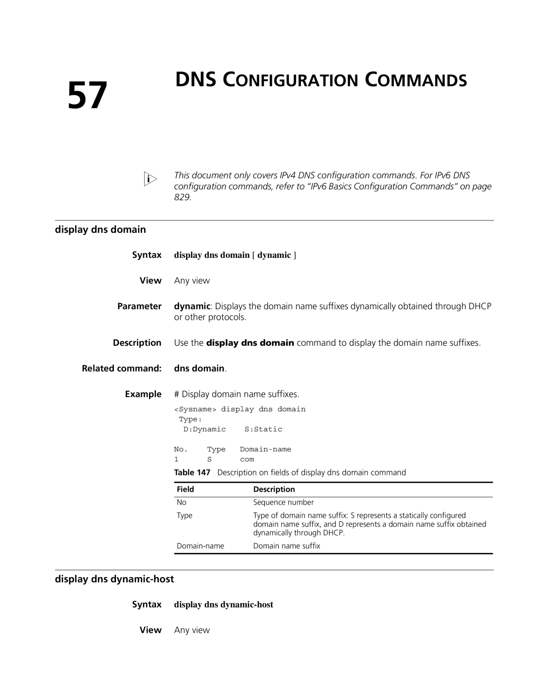 3Com MSR 50, MSR 30 manual DNS Configuration Commands, Display dns domain, Display dns dynamic-host, Dns domain Example 