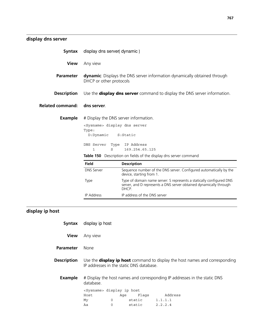 3Com MSR 50, MSR 30 Display dns server, Display ip host, Syntax display dns server dynamic, Related command dns server 