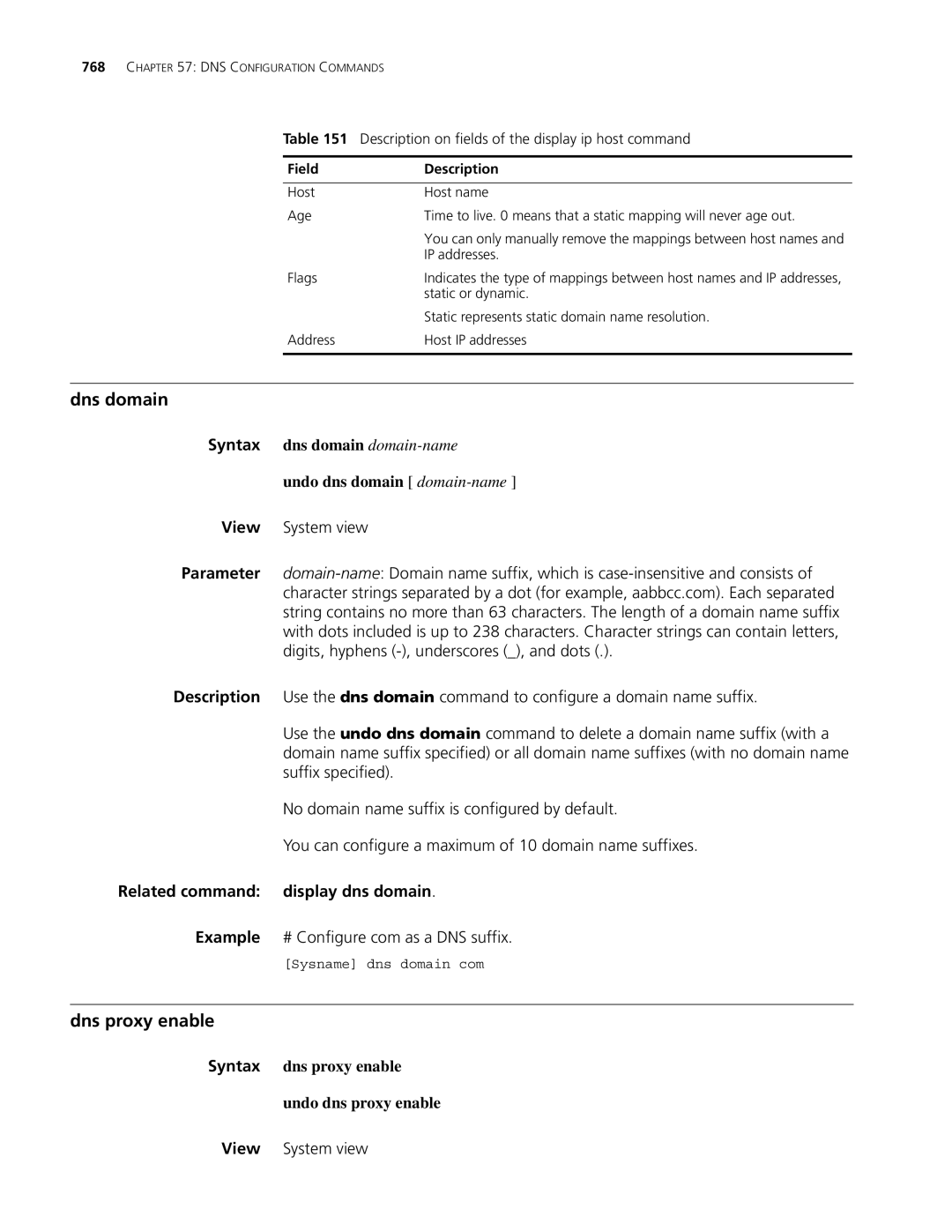 3Com MSR 30, MSR 50 manual Dns domain, Dns proxy enable, Syntax dns domain domain-name Undo dns domain domain-name 