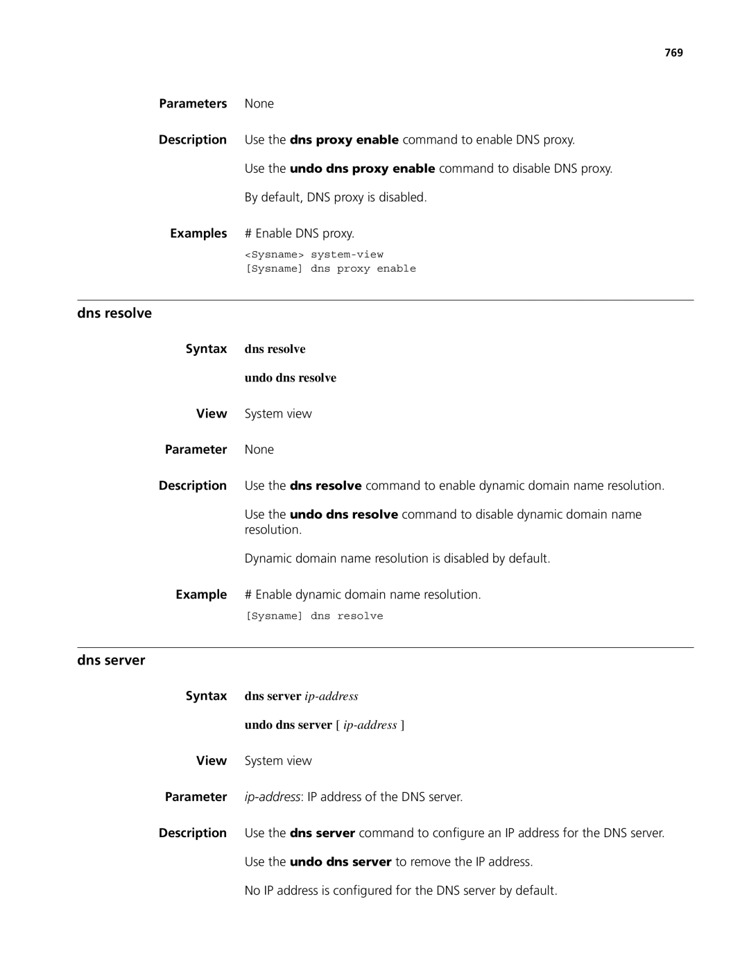 3Com MSR 50, MSR 30 manual Dns resolve, Dns server, Syntax dns resolve Undo dns resolve, 769 