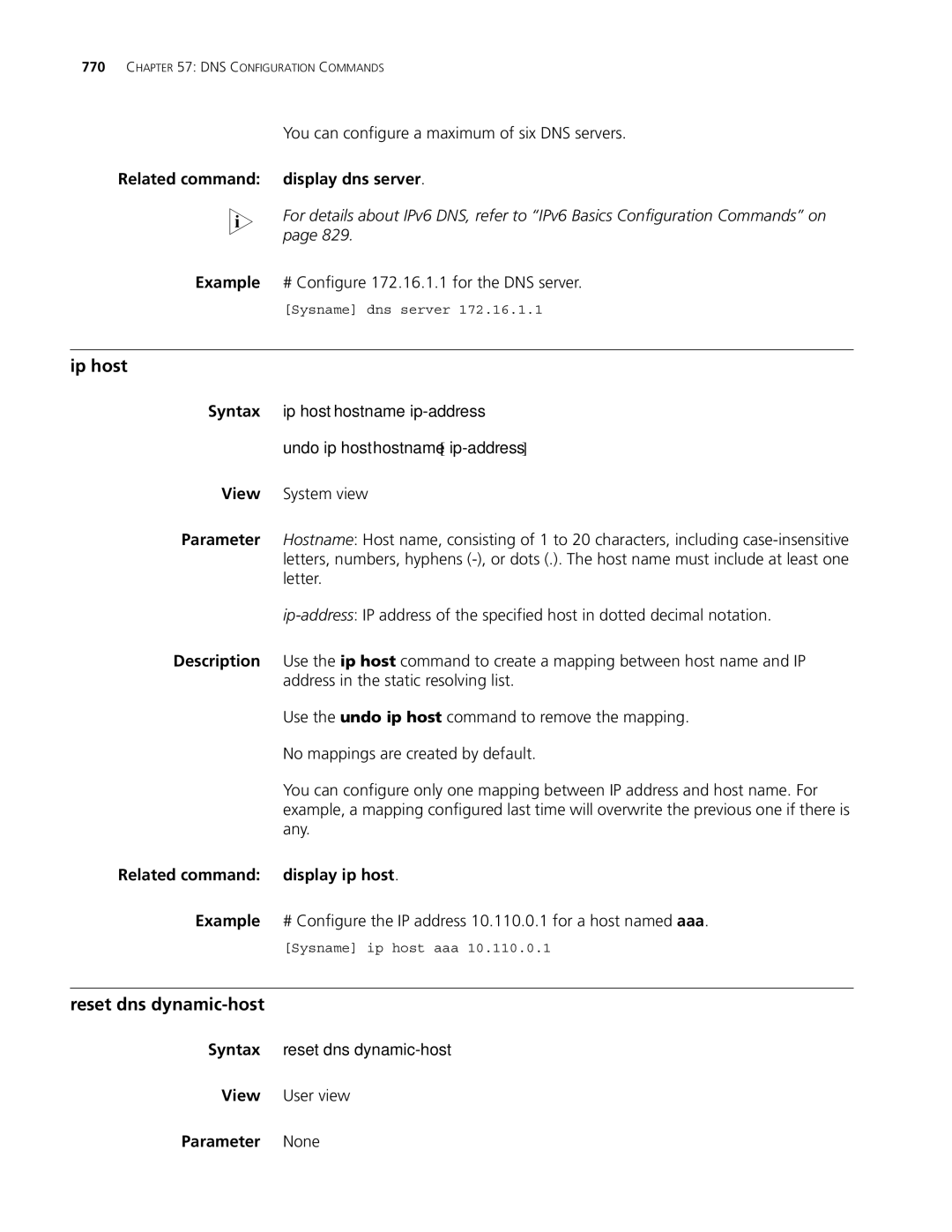 3Com MSR 30, MSR 50 Ip host, Reset dns dynamic-host, Related command display dns server, Related command display ip host 