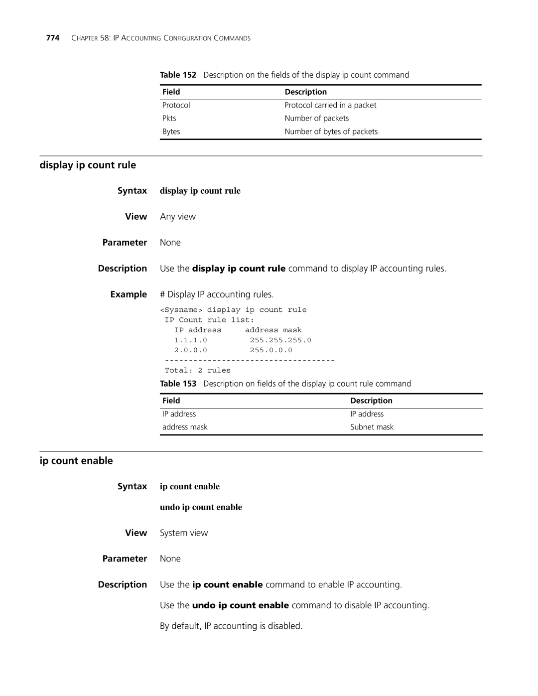 3Com MSR 30, MSR 50 manual Display ip count rule, Ip count enable, Syntax display ip count rule 