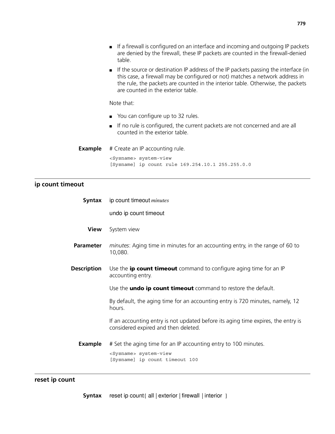 3Com MSR 50, MSR 30 manual Ip count timeout, Reset ip count, Syntax ip count timeout minutes Undo ip count timeout, 779 