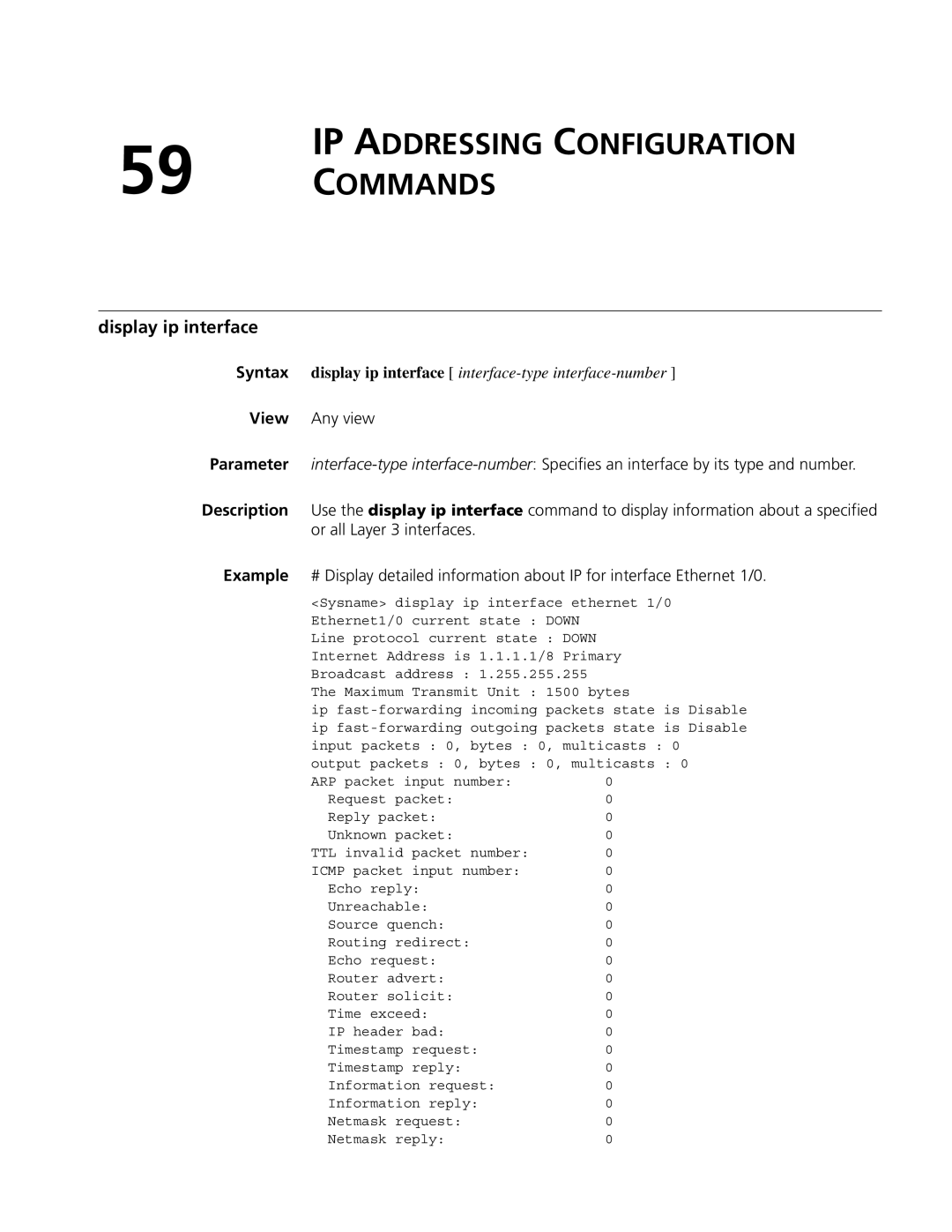 3Com MSR 50, MSR 30 manual IP Addressing Configuration Commands, Display ip interface 