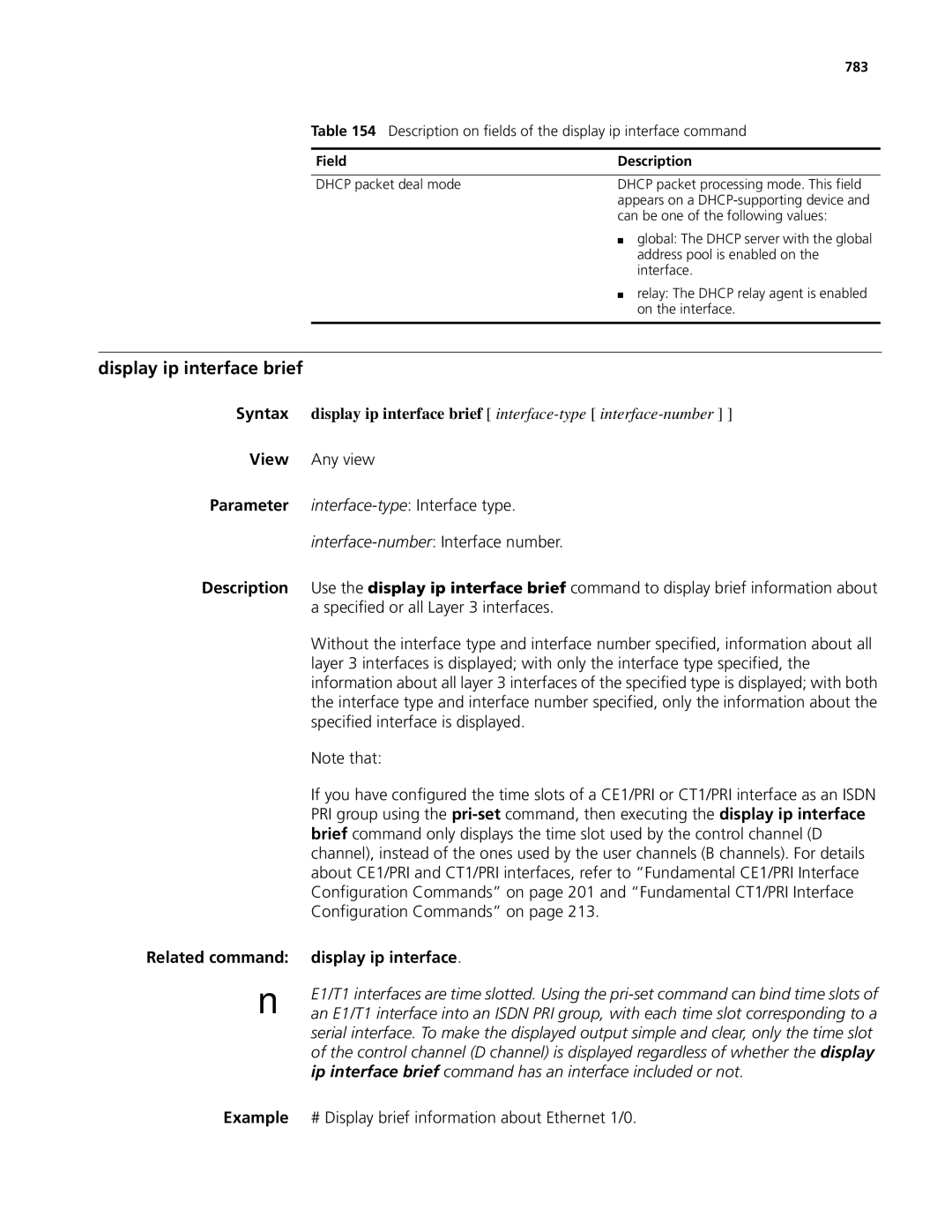 3Com MSR 50, MSR 30 manual Display ip interface brief, Related command display ip interface, 783 
