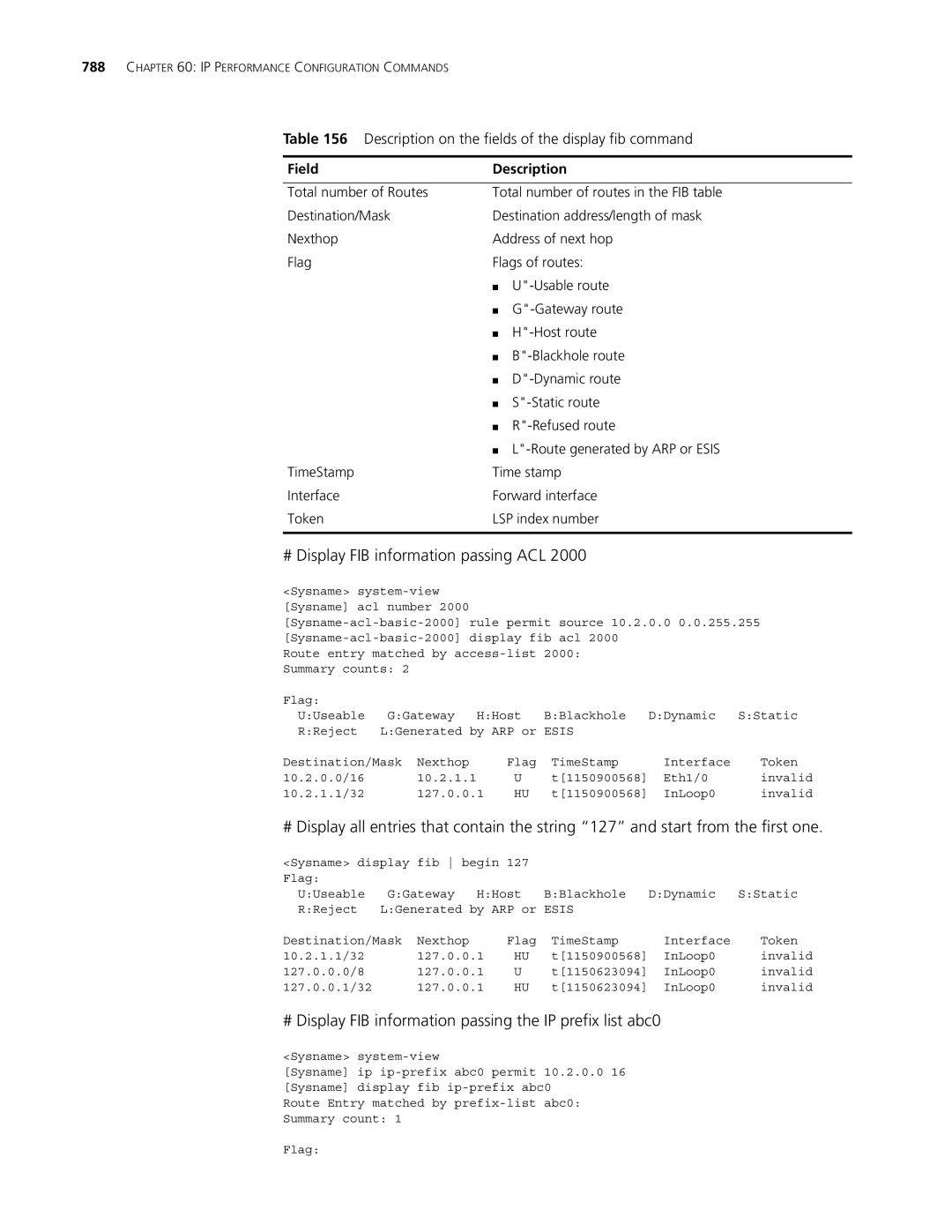 3Com MSR 30, MSR 50 manual # Display FIB information passing ACL, Description on the fields of the display fib command 