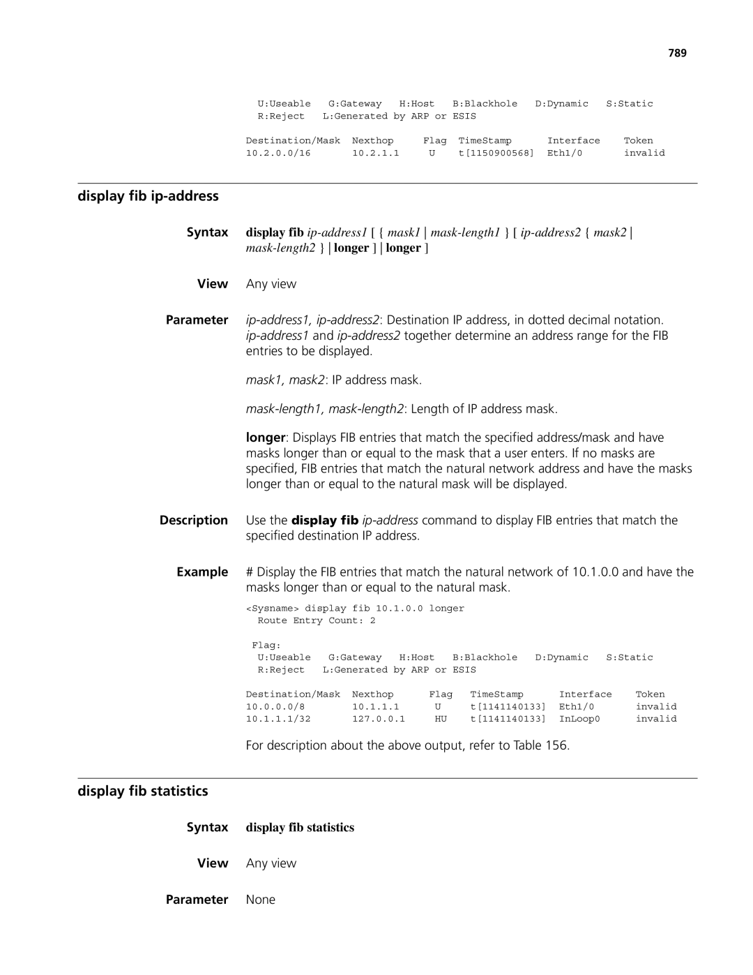 3Com MSR 50 Display fib ip-address, Display fib statistics, For description about the above output, refer to Table, 789 