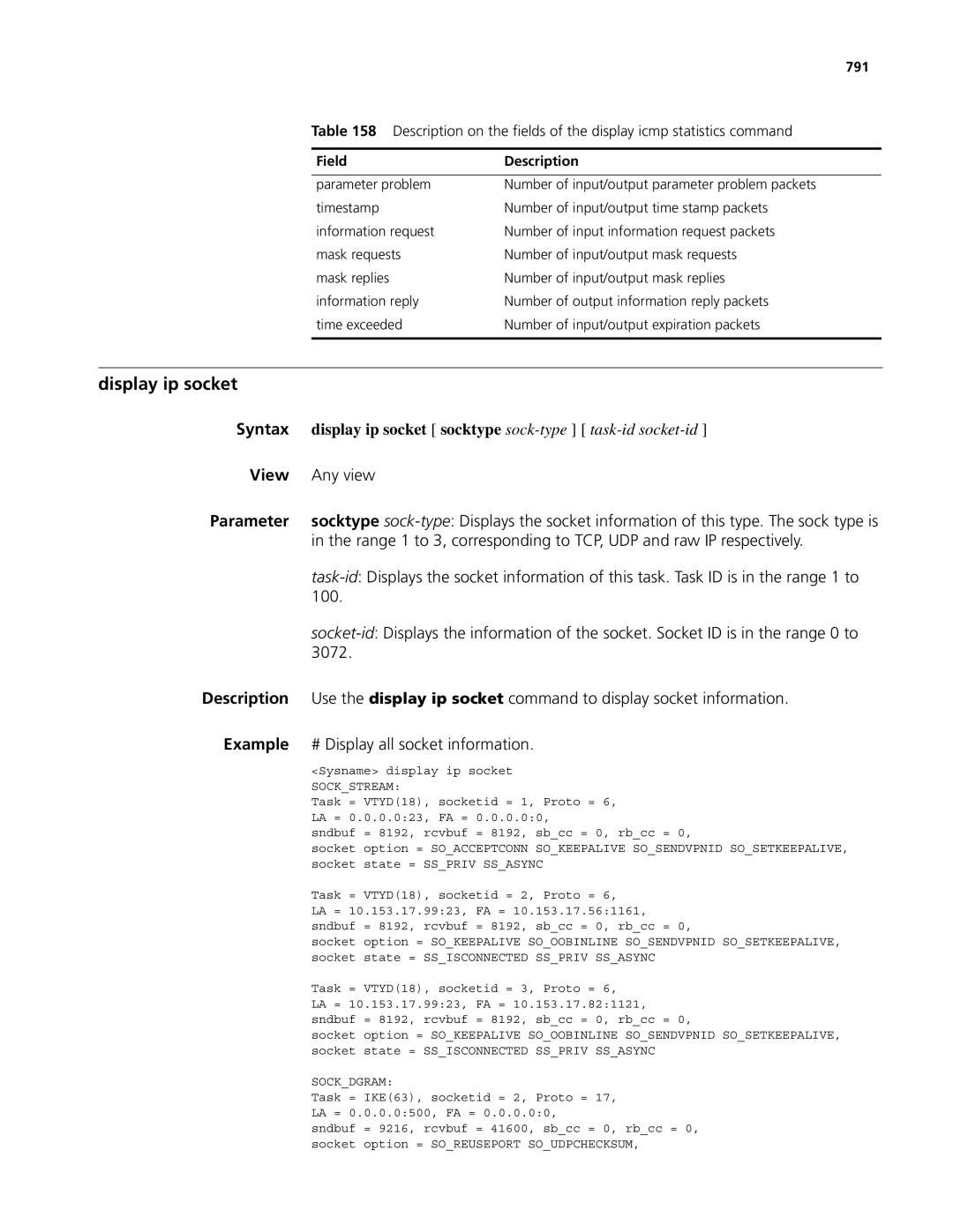 3Com MSR 50, MSR 30 manual Display ip socket, 100, 3072, # Display all socket information, 791 