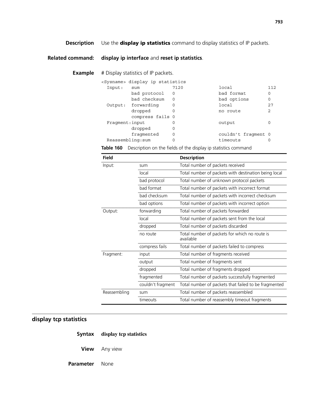 3Com MSR 50, MSR 30 Display tcp statistics, Example # Display statistics of IP packets, Syntax display tcp statistics, 793 