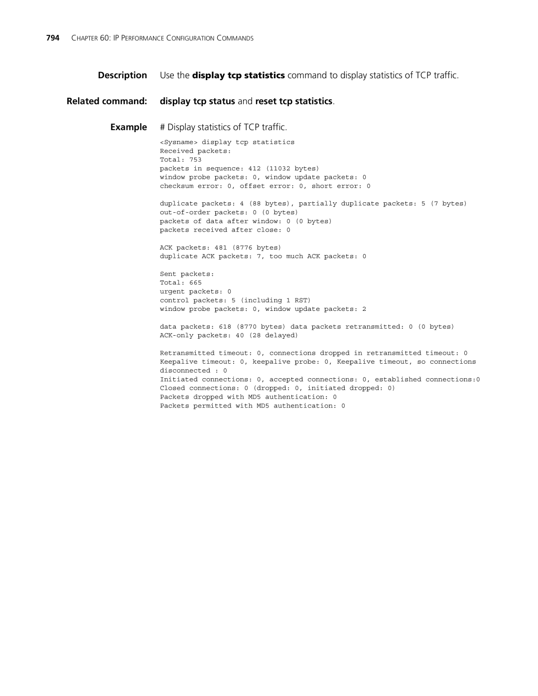 3Com MSR 30 manual Related command display tcp status and reset tcp statistics, Example # Display statistics of TCP traffic 