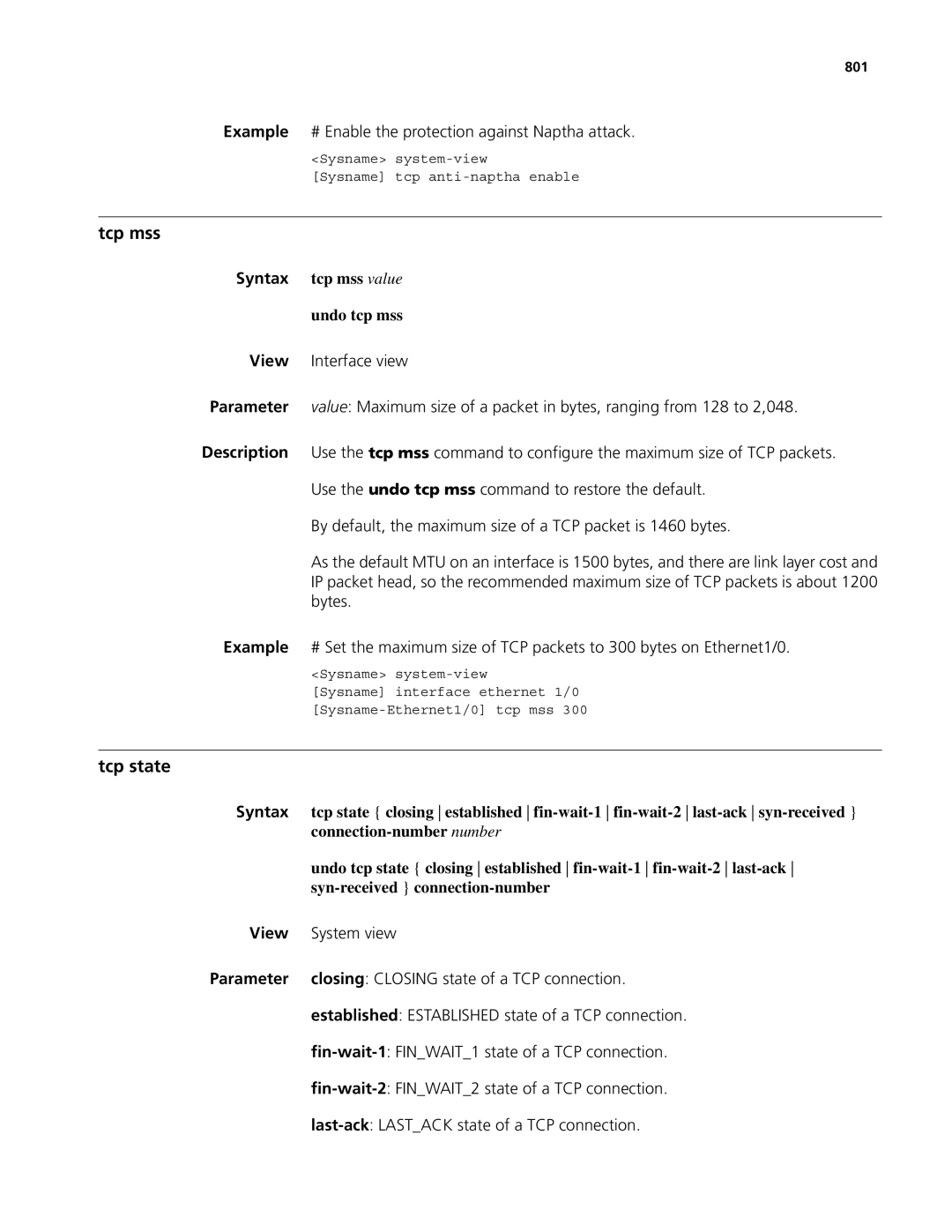 3Com MSR 50, MSR 30 manual Tcp mss, Tcp state 