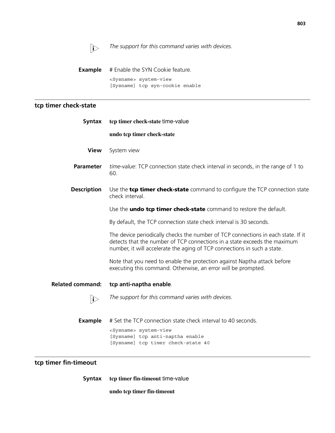 3Com MSR 50, MSR 30 manual Tcp timer check-state, Tcp timer fin-timeout, Example # Enable the SYN Cookie feature, 803 