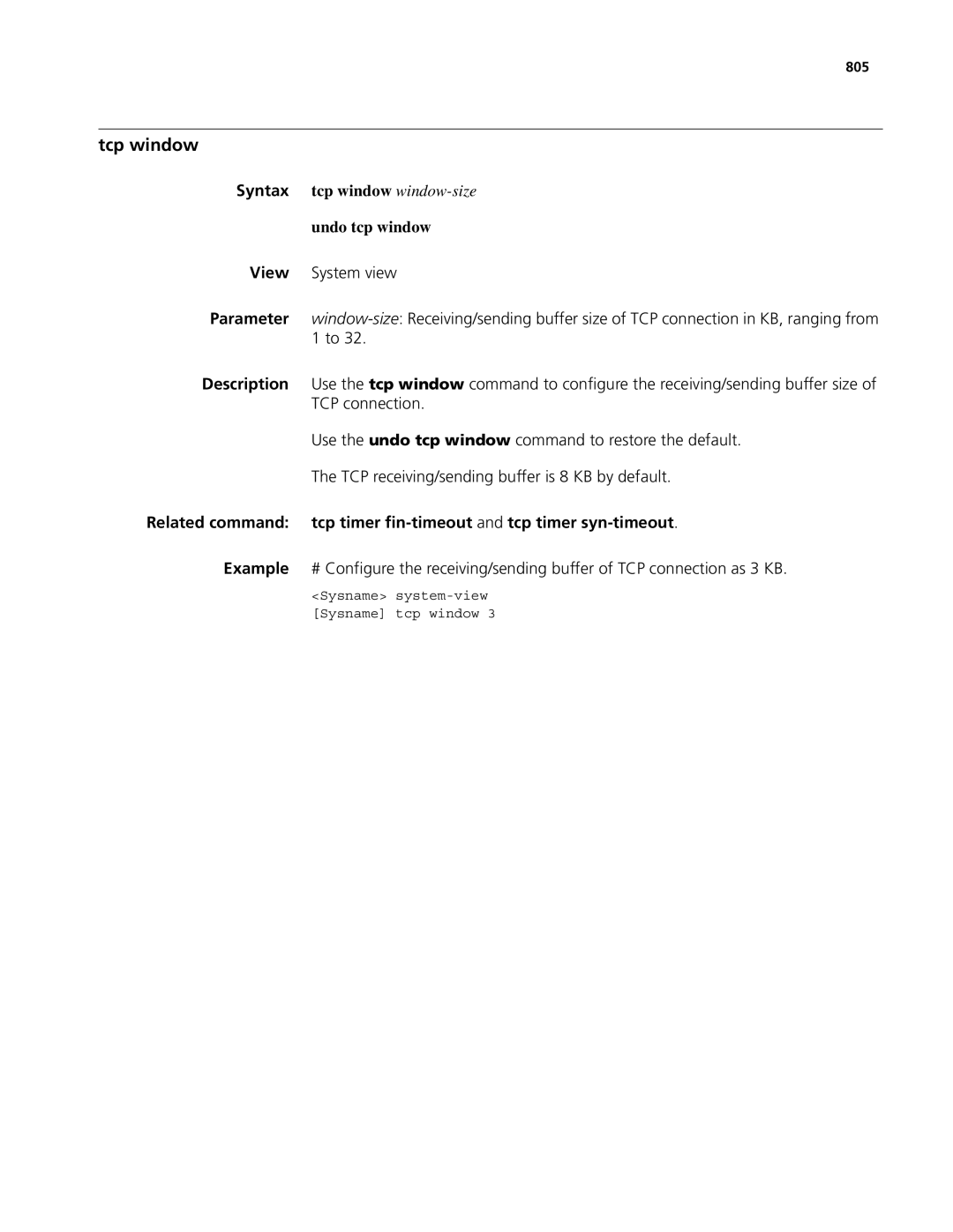 3Com MSR 50, MSR 30 manual Tcp window, Syntax tcp window window-size Undo tcp window, 805 