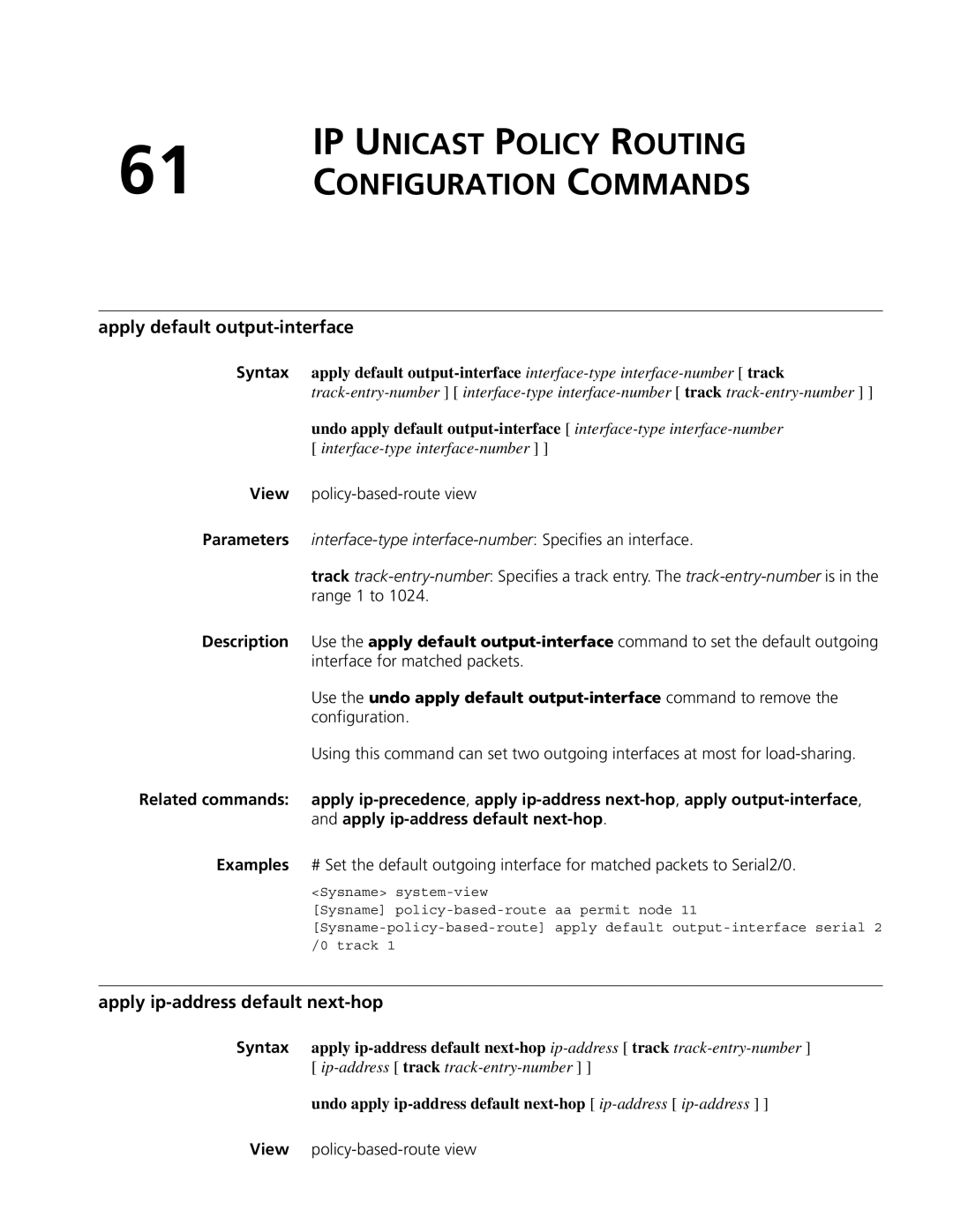 3Com MSR 50 IP Unicast Policy Routing Configuration Commands, Apply default output-interface, View policy-based-route view 