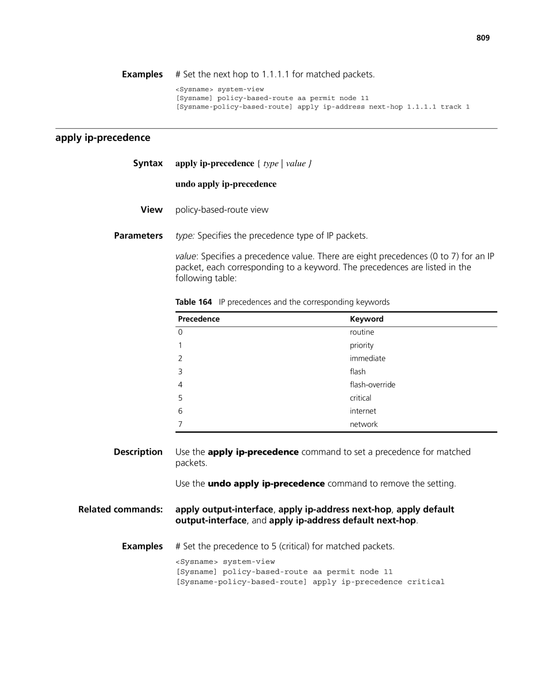 3Com MSR 50 manual Apply ip-precedence, Examples # Set the next hop to 1.1.1.1 for matched packets, 809, Precedence Keyword 