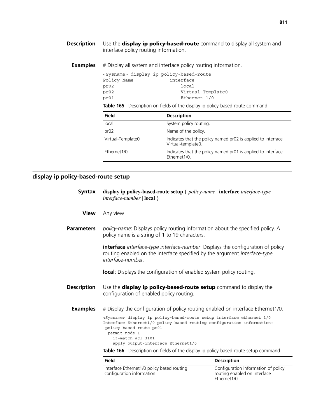 3Com MSR 50, MSR 30 manual Display ip policy-based-route setup, 811 