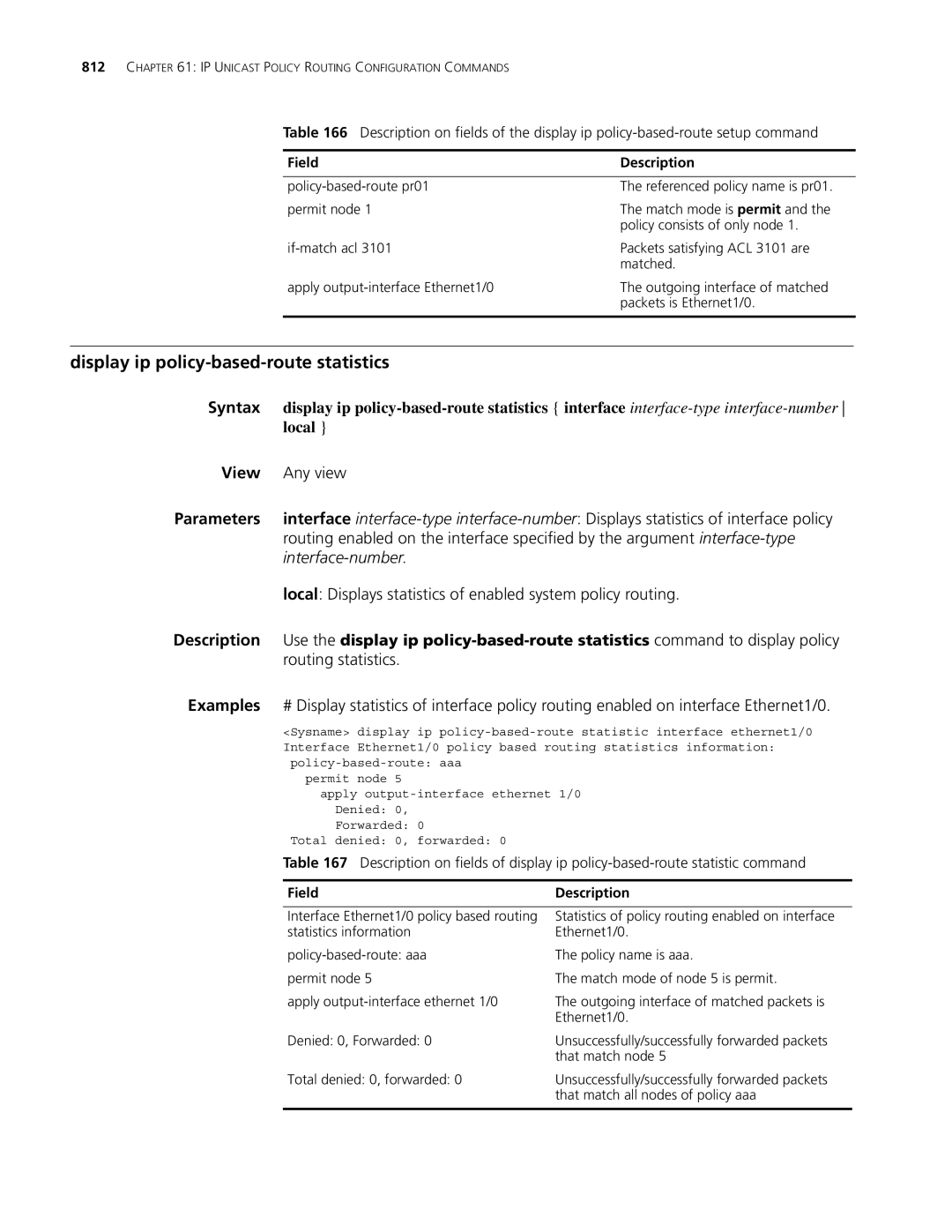 3Com MSR 30, MSR 50 manual Display ip policy-based-route statistics, Interface-number, Routing statistics 