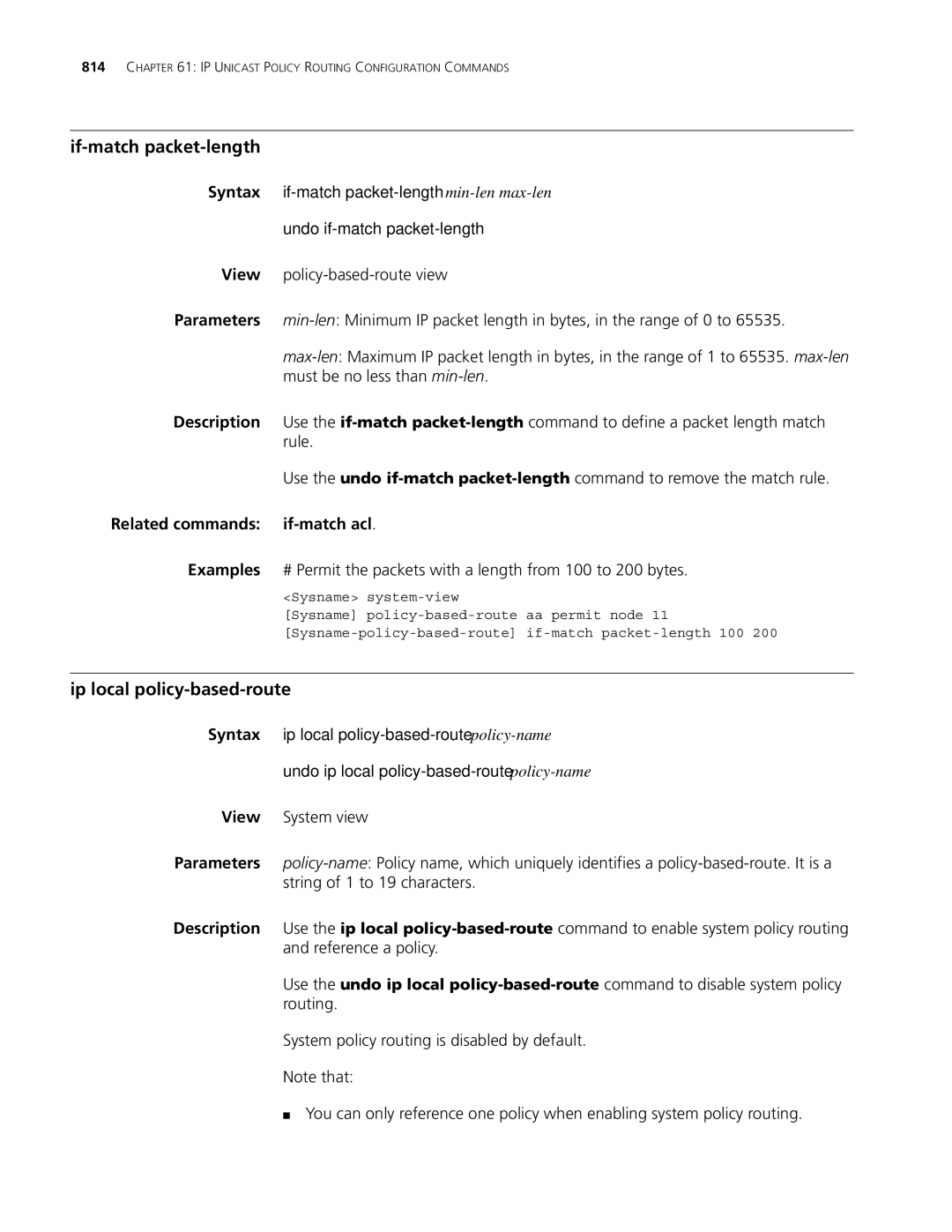 3Com MSR 30, MSR 50 manual If-match packet-length, Ip local policy-based-route, Related commands if-match acl 