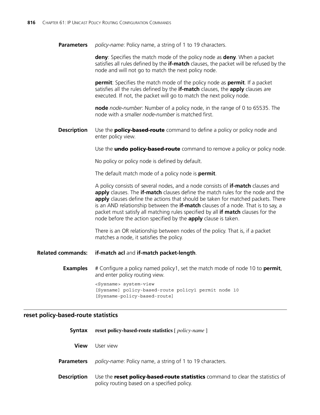 3Com MSR 30, MSR 50 manual Reset policy-based-route statistics, Related commands if-match acl and if-matchpacket-length 