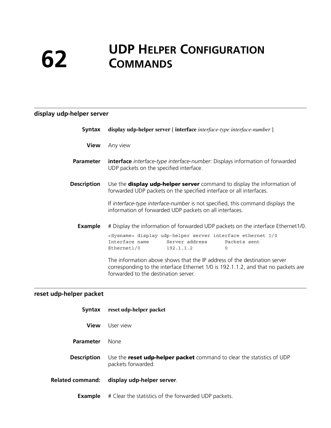 3Com MSR 50, MSR 30 manual UDP Helper Configuration Commands, Display udp-helper server, Reset udp-helper packet 