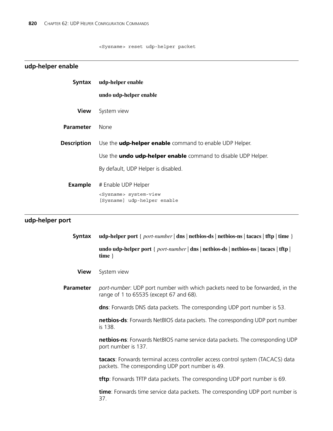 3Com MSR 30, MSR 50 manual Udp-helper enable, Udp-helper port, Syntax udp-helper enable Undo udp-helper enable 