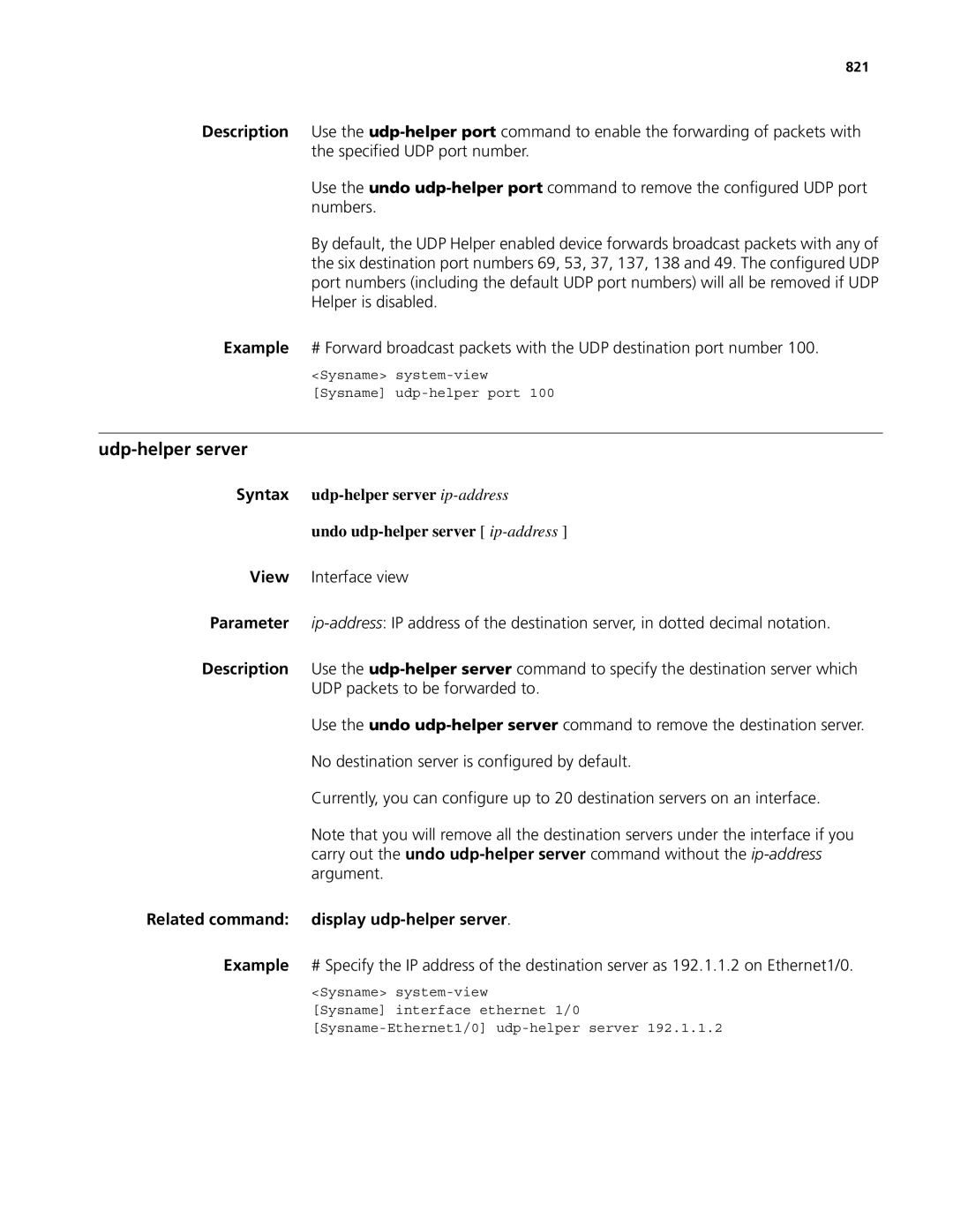 3Com MSR 50, MSR 30 manual Udp-helper server, Related command display udp-helper server, 821 