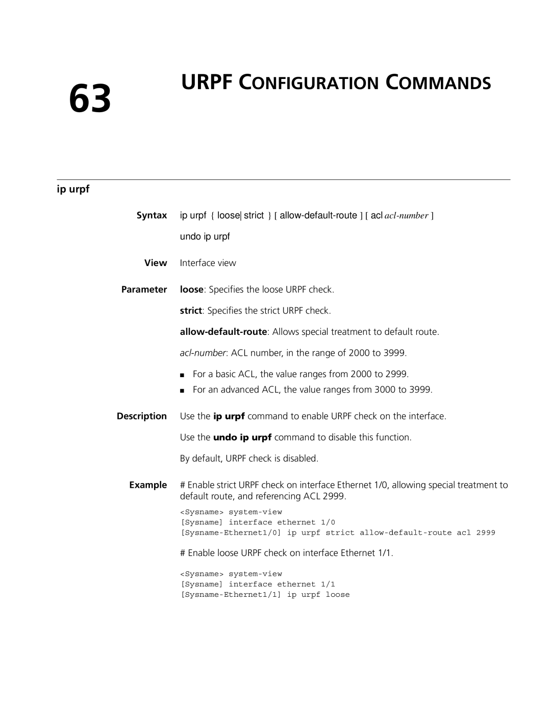 3Com MSR 50, MSR 30 Urpf Configuration Commands, Ip urpf loose strict allow-default-route acl acl-number, Undo ip urpf 