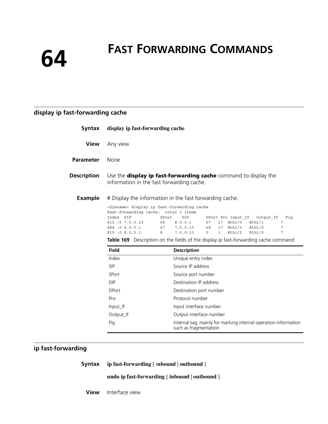 3Com MSR 50, MSR 30 manual Fast Forwarding Commands, Display ip fast-forwarding cache, Ip fast-forwarding 