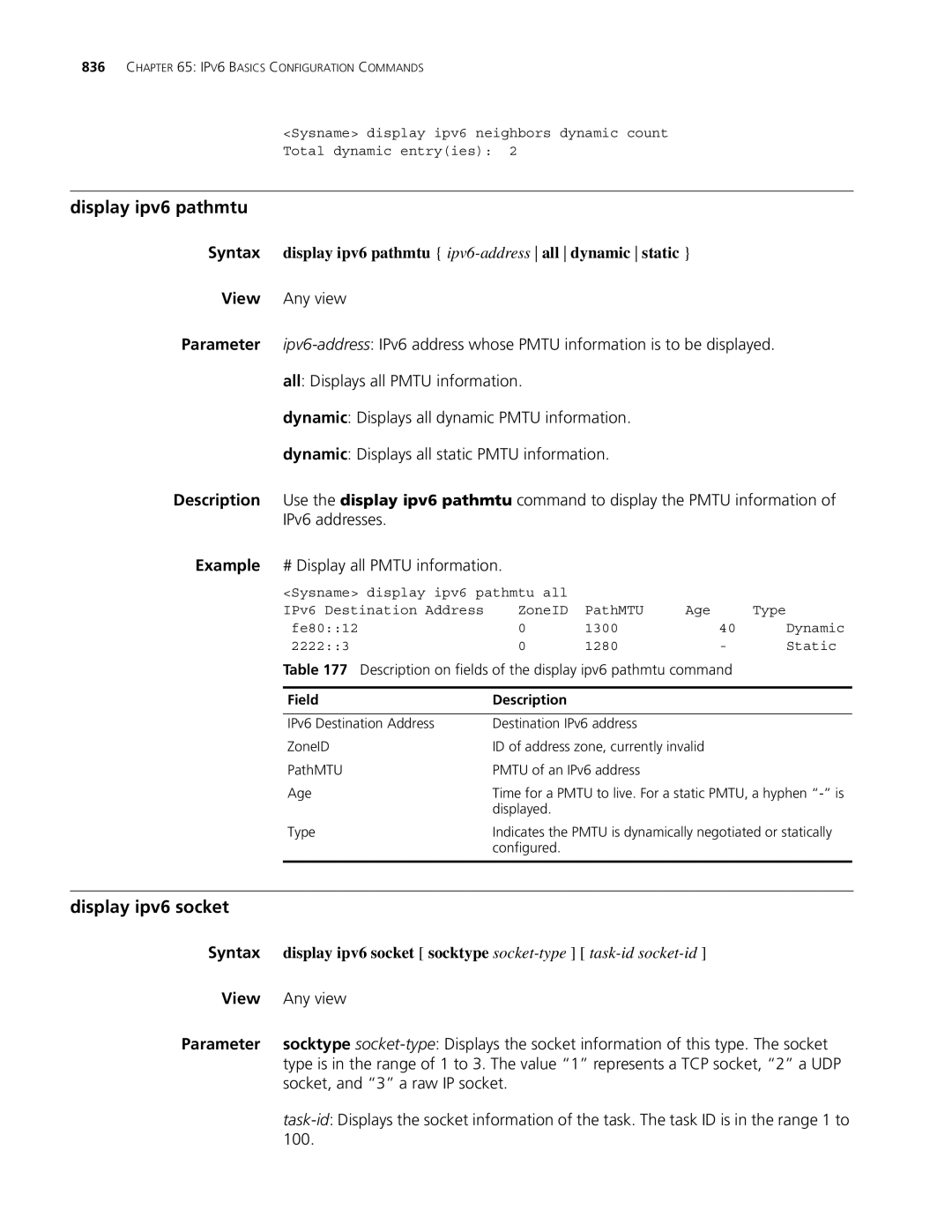 3Com MSR 30, MSR 50 Display ipv6 pathmtu, Display ipv6 socket, Syntax display ipv6 pathmtu ipv6-addressall dynamic static 