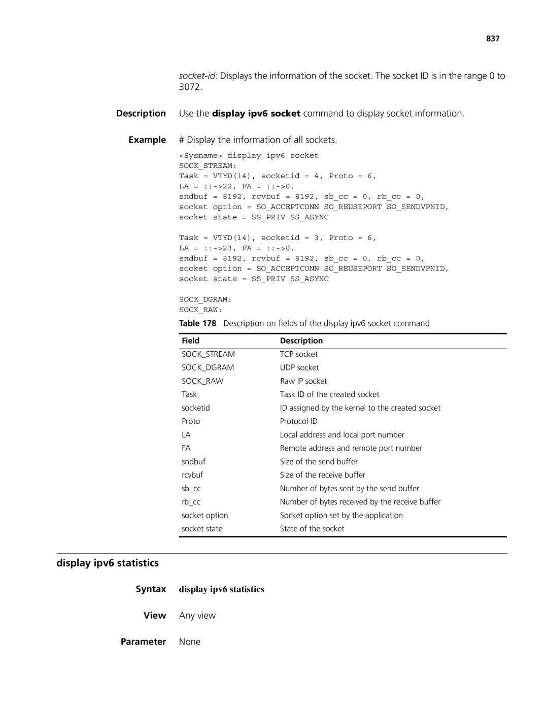 3Com MSR 50, MSR 30 manual Display ipv6 statistics, Syntax display ipv6 statistics, 837 