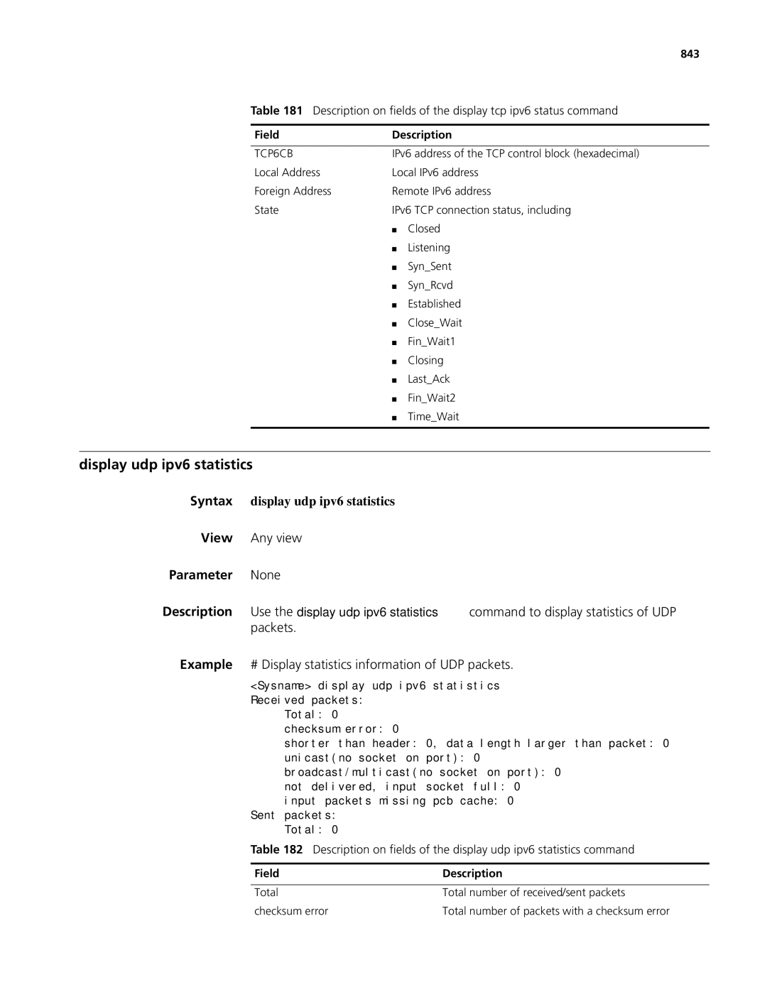 3Com MSR 50, MSR 30 manual Display udp ipv6 statistics, Syntax display udp ipv6 statistics, 843, TCP6CB 